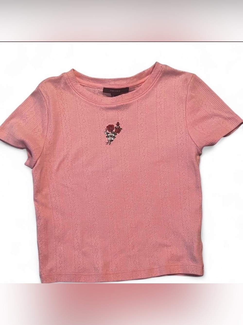 Forever 21 Pink Short Sleeve Knit Top with Rose Embroidery#dumphim